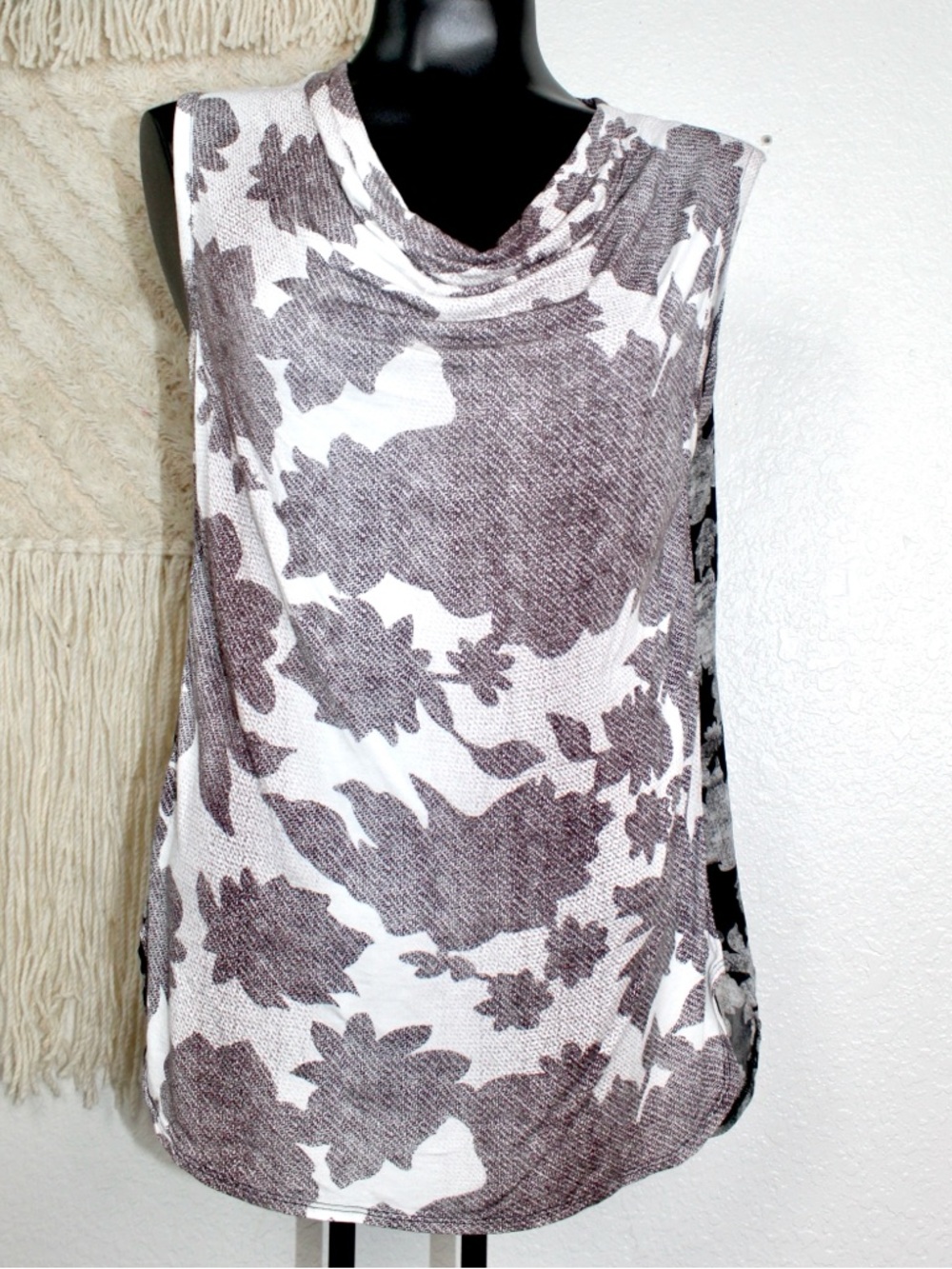 CAbi Tango Small White and Gray Floral Cowl-Neck Tank, High Low Hem